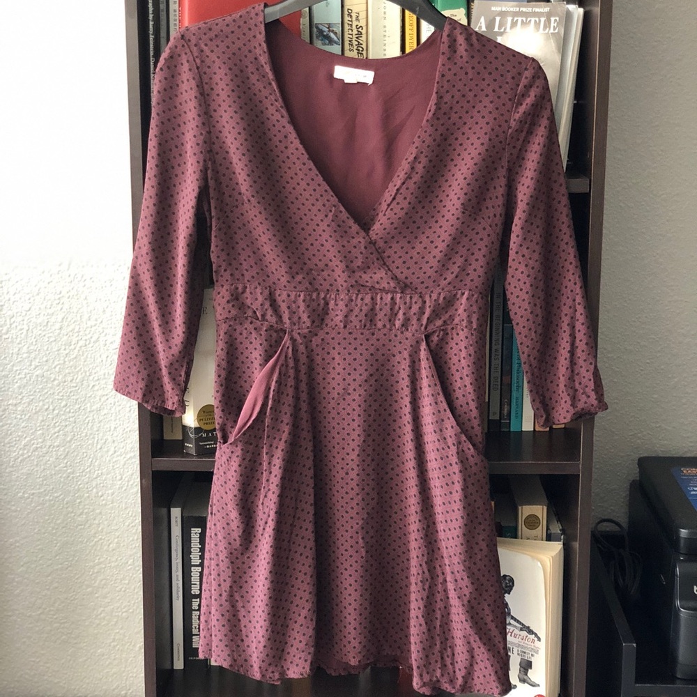 Silence + Noise Maroon Polka Dot V-Neck Mini Dress